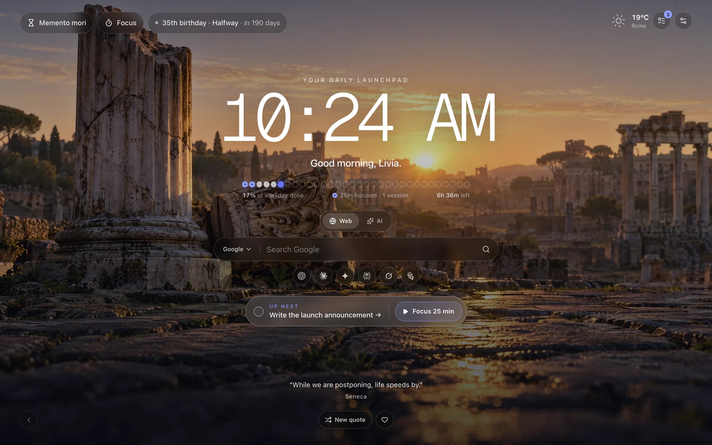 The Morimantra new tab: the time, a good-morning greeting, the day's progress, a search bar, the next task with a focus button, and a quote from Seneca over a photo of Roman ruins at sunrise.