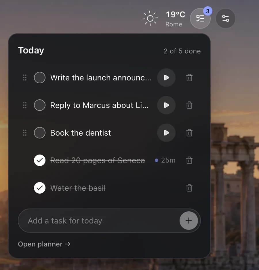The Today panel on the new tab: five tasks, two of them ticked off, with a focus button beside each open one.